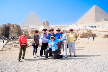 Group in front of the Great Pyramids of Giza, Egypt