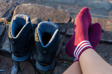 trekking shoes and red sock,shoes