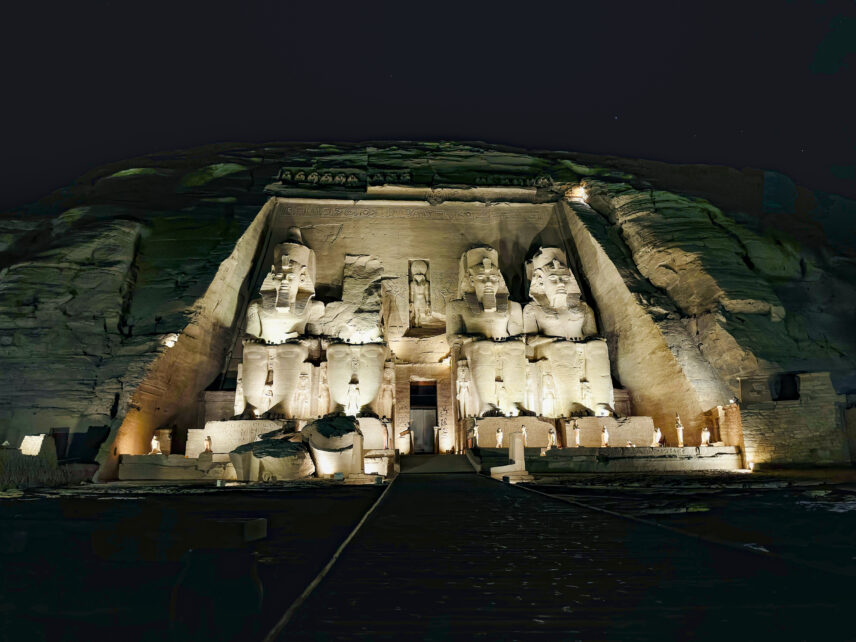 Abu Simbel temples lit for evening light show, Egypt